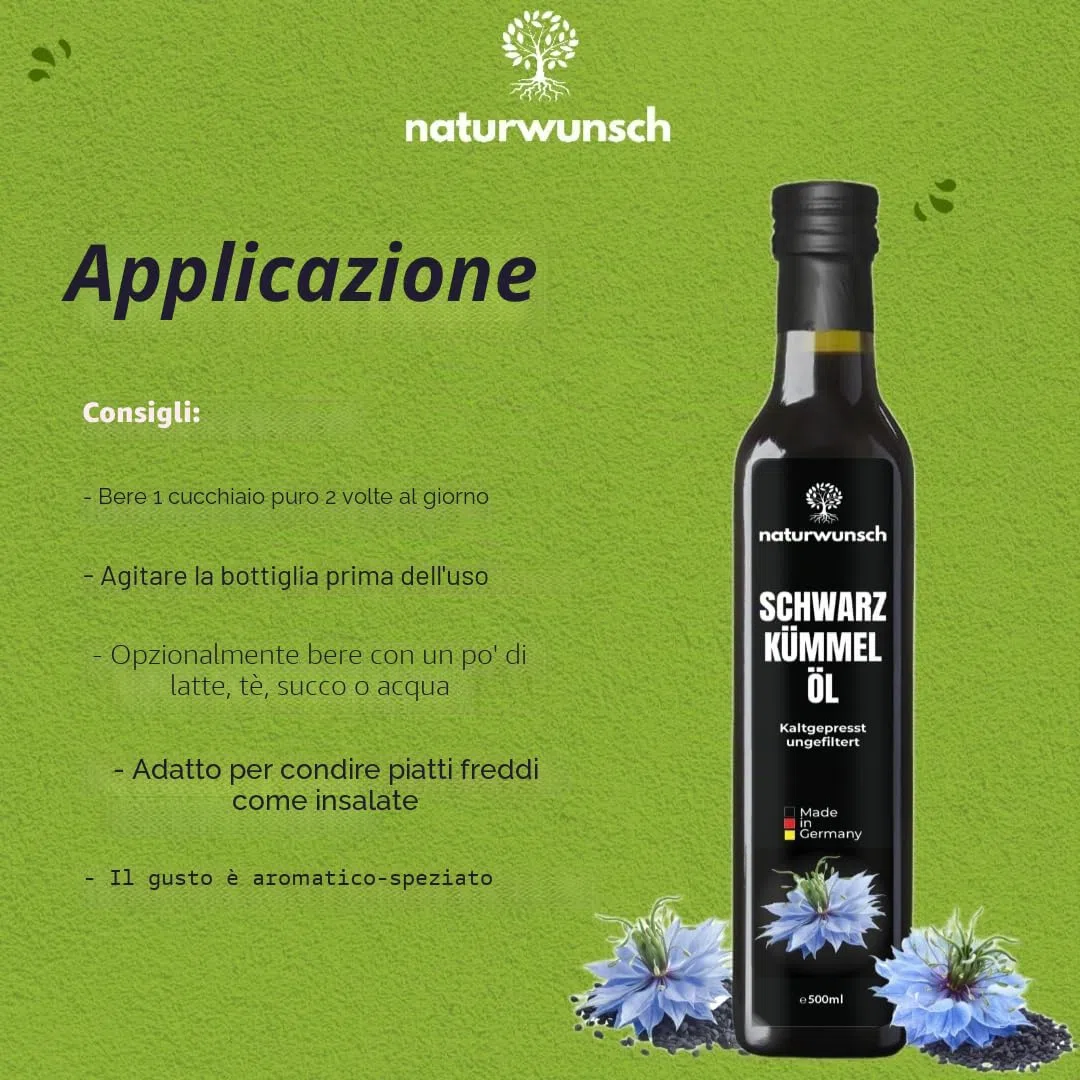 naturwunsch Olio di cumino nero, 500 ml, non filtrato, spremuto a freddo, prodotto fresco in Germania, originale Nigella Sativa