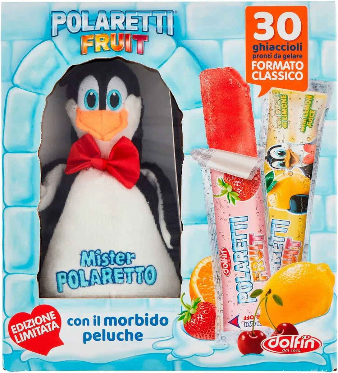 Scatola da 30 POLARETTI Ghiaccioli Fruit con MORBIDO PELUCHE da 1260 Ml DOLFIN Pronti da Gelare