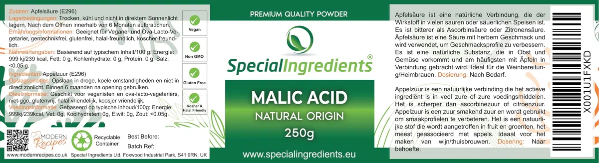 Special Ingredients Acido Malico 250 g - Regolatore di acidità per la preparazione di vino, birra e bevande alcoliche - Alta qualità - Imballaggio riciclabile