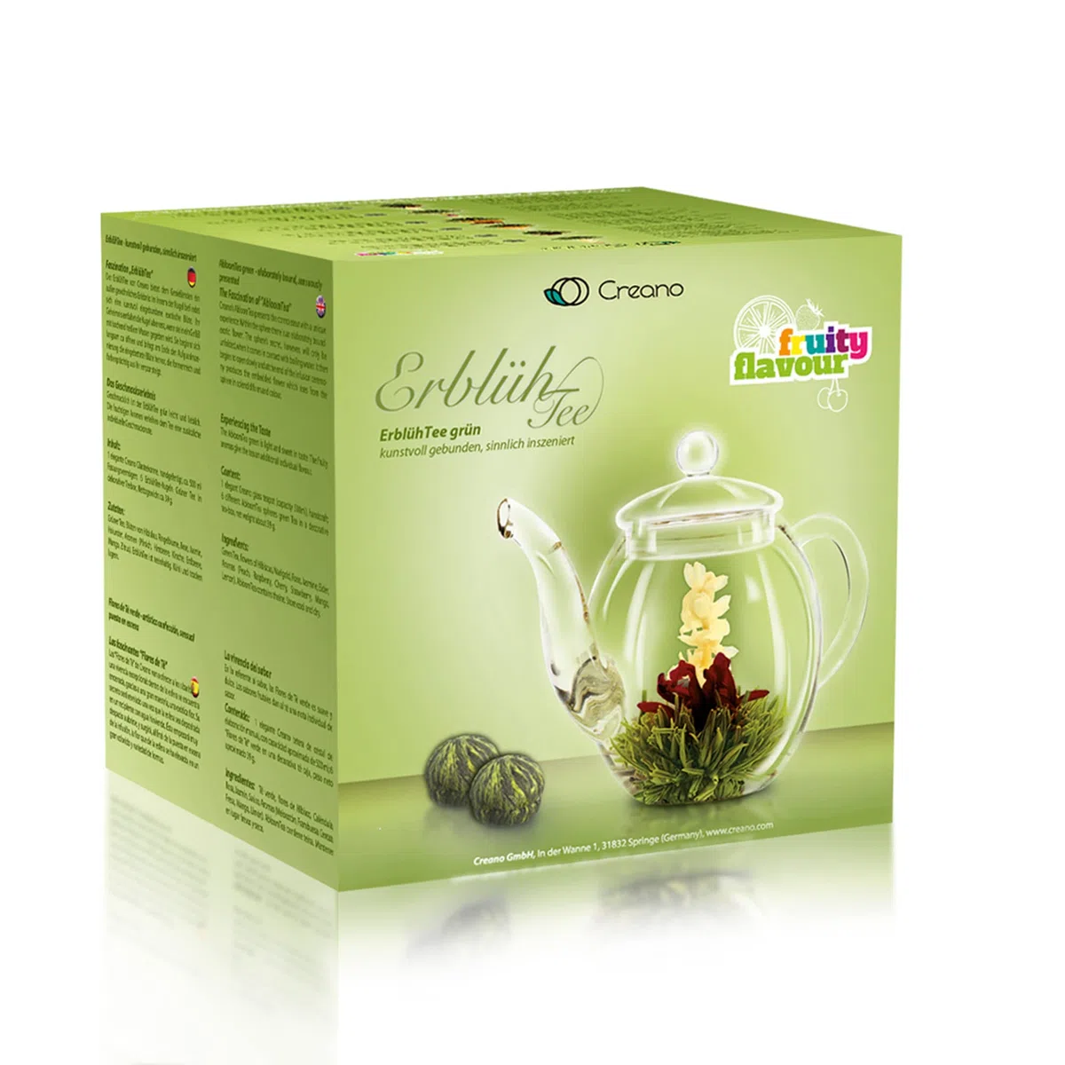 Creano Set Regalo Fiori di Tè – Miscela di 6 Tè Verdi con Fiori in Elegante Scatola di Legno + Teiera in Vetro 500ml