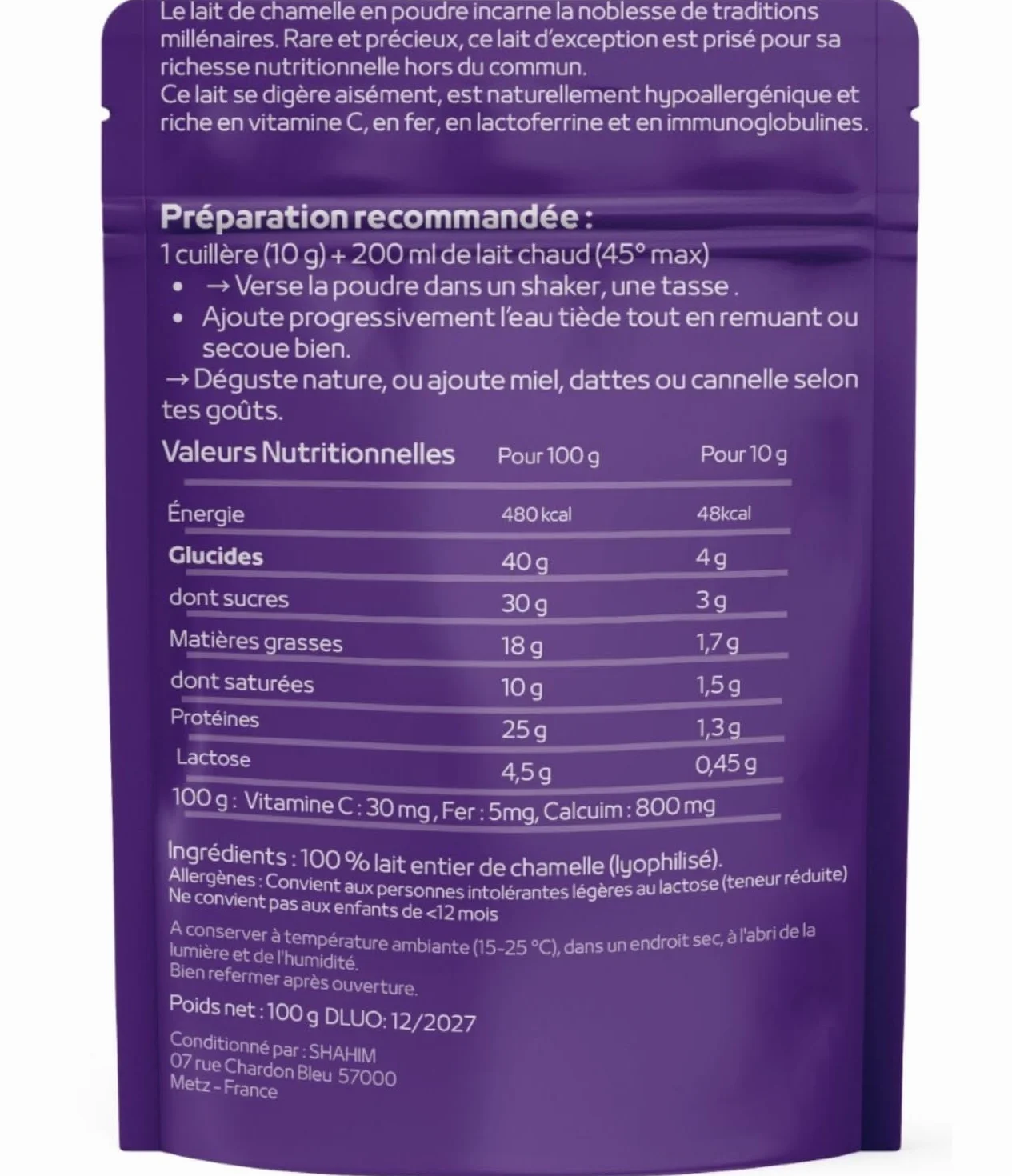 latte di cammello in polvere -Qualità premuim- Marchio francese,una composizione vicino al latte materno umano, povero di lattosio,Ricco di vitamina C, ferro, acidi grassi insaturi -100 gr