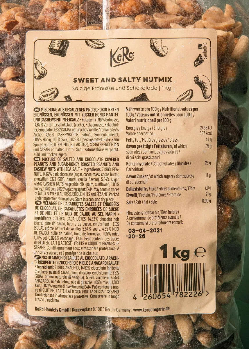 KoRo - Mix di frutta secca sweet & salty 1 kg - Arachidi, anacardi e cioccolato fondente - Vegan