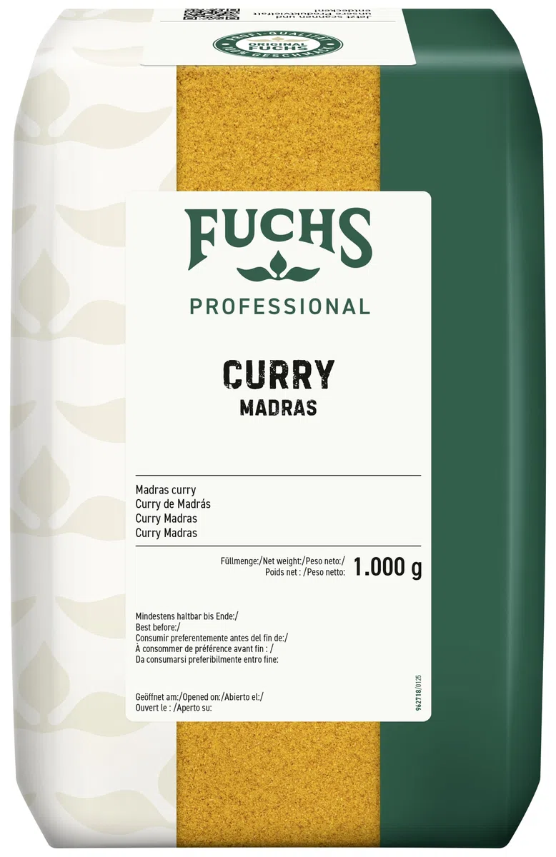 Fuchs Professional - Curry Madras | 1 kg in sacchetto riciclabile | Per piatti delicati al curry come zuppe, salse o piatti a base di riso | Qualità professionale per professionisti Ho.re.ca