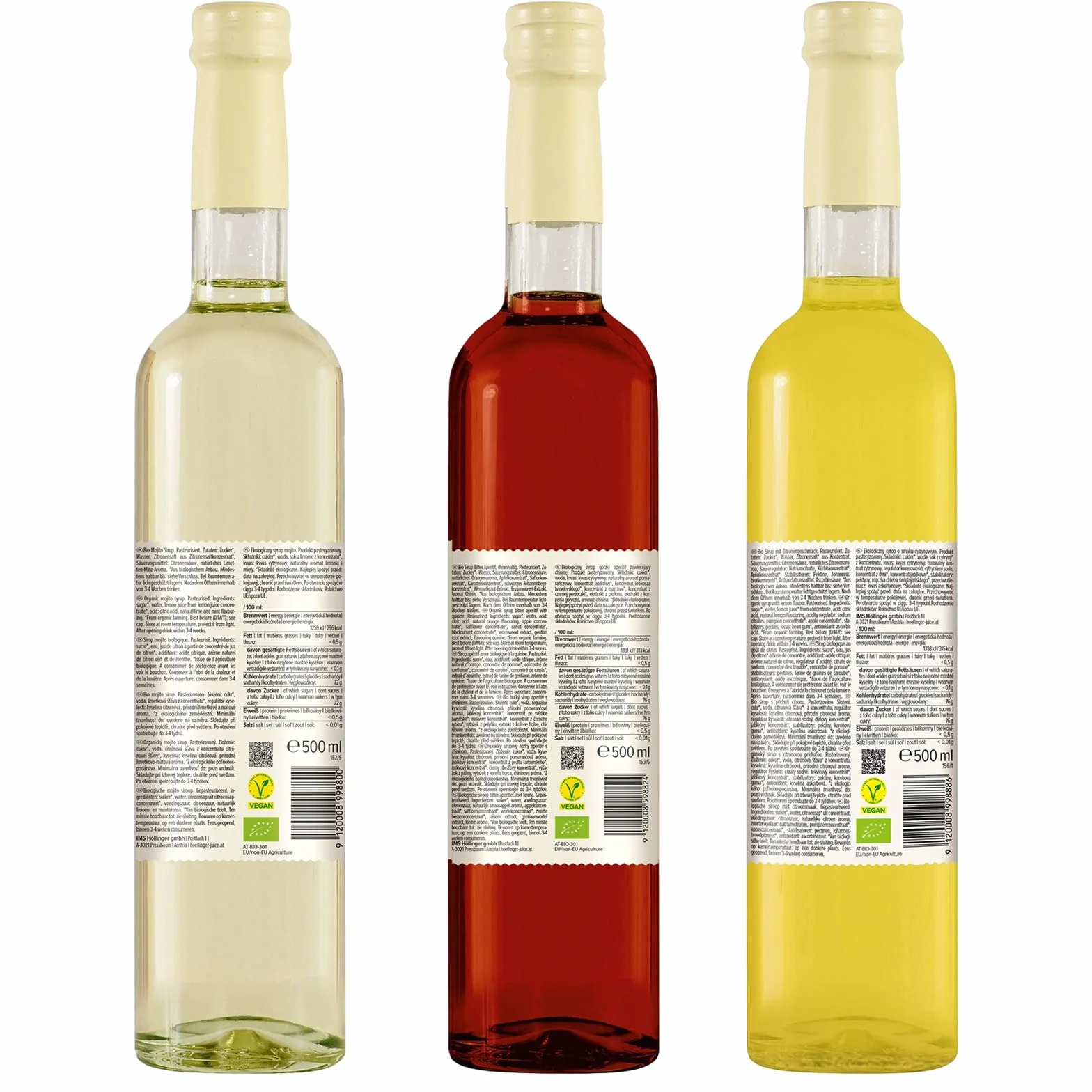 HÖLLINGER Set Sciroppi Biologici, 3 Bottiglie da 500ml, Mojito Lime & Menta, Aperitivo Bitter Orange, Limoncello Sunny Lemon, Senza Alcool, Rapporto 1:9