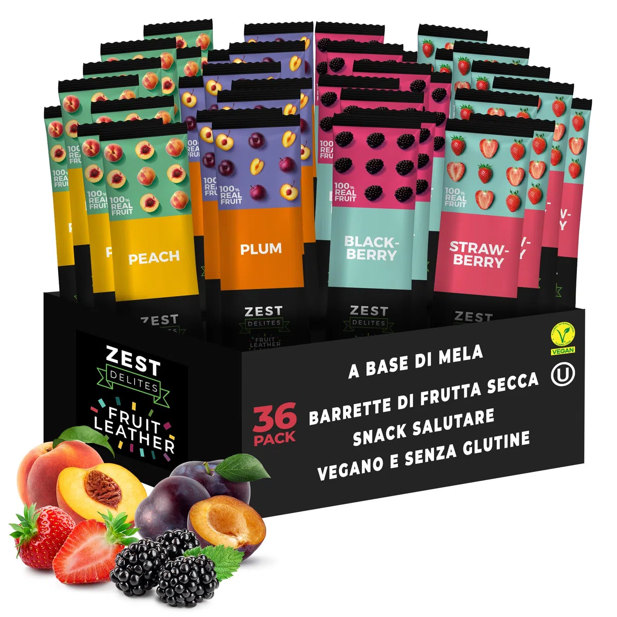 Zest Delites Snack Dolci in Pelle di Frutta, Merendine Senza Glutine, 36 Pack, Fragola, Mora, Albicocca e Prugna, Barrette Energetiche Ciclismo, Frutta Secca Mix, Snack Monoporzione, 36x25g