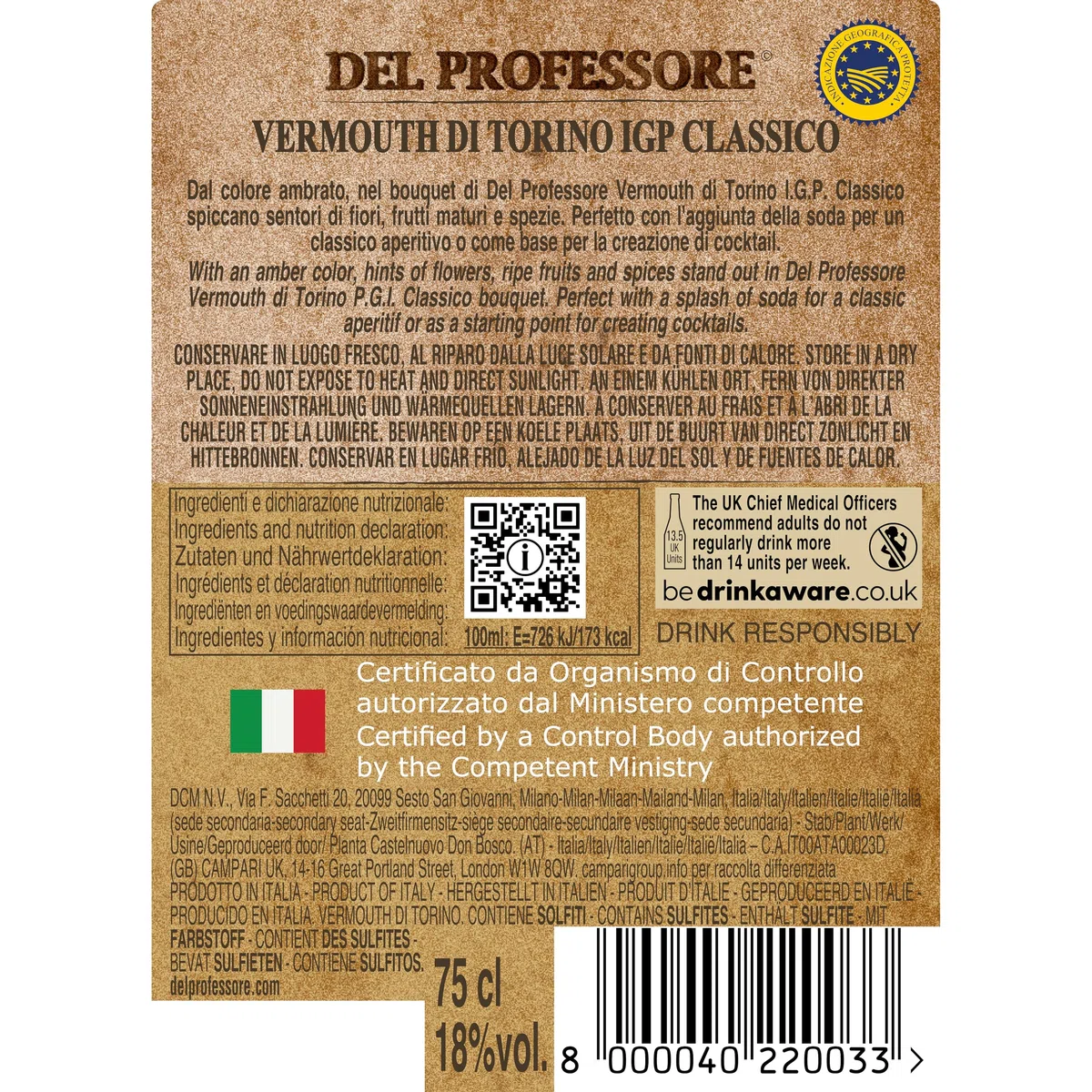 Del Professore - Vermouth di Torino I.G. Classico, 75 cl, 18% Vol