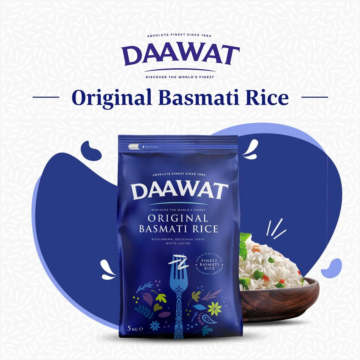 Daawat Original Basmati Rice with Rice Aroma, Delicious Taste, White Lustre, Perfectly Aged, Aromatic & Textural Grain, Rich Flavour with Sweet Taste, Ideal for All Types of Dishes - 5 kg