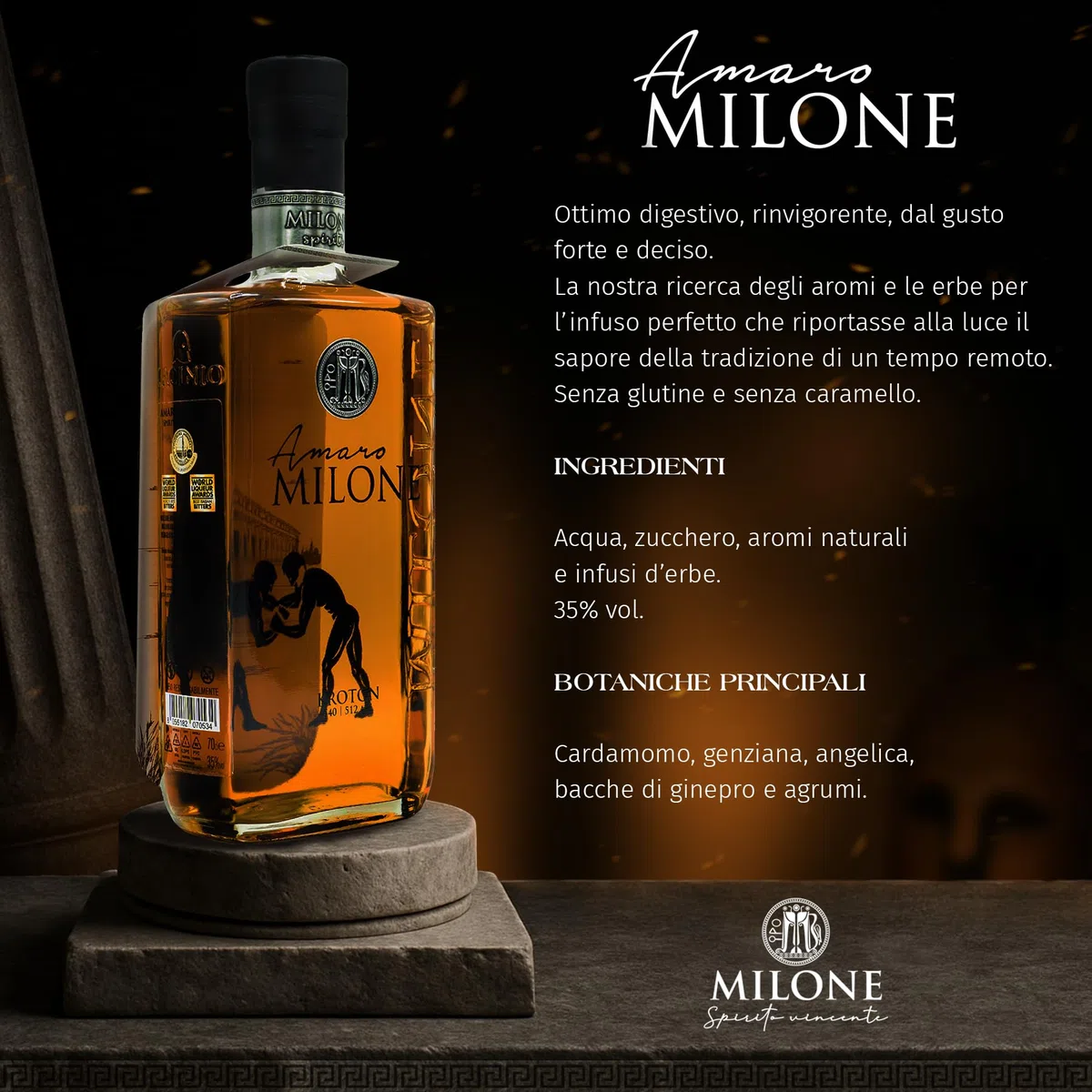 Amaro Milone 70 cl - Liquore Digestivo alle Erbe (35% Vol.) - Premiato come Miglior Amaro Artigianale al Mondo nel 2022 - Gusto Deciso e Rinvigorante