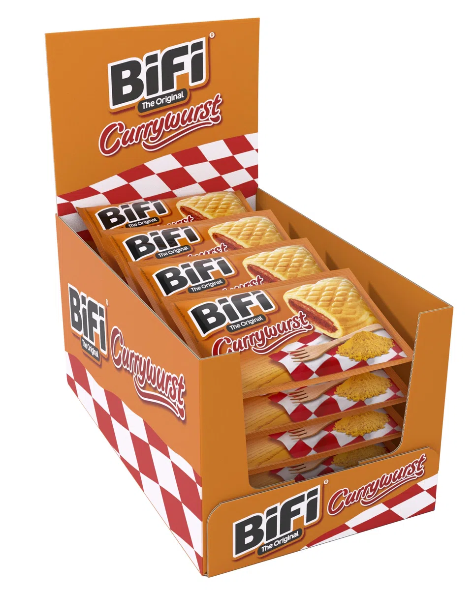 BiFi Currywurst, Snack Al Salame di Prosciutto Con Salsa Al Curry, Avvolto in Morbido Panino, Formato Tascabile, da Gustare in Viaggio, in Ufficio o Quando fai Sport, Confezione da 20 (20 X 60 g)