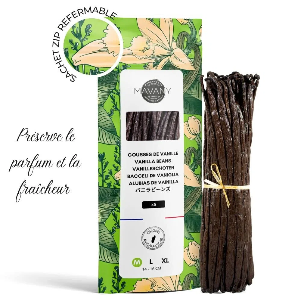 Mavany - 5 baccelli di vaniglia BOURBON de Madagascar – Selezione di qualità gourmet per pasticceria/cucina – M 14 – 16 cm – Sacchetto di freschezza richiudibile