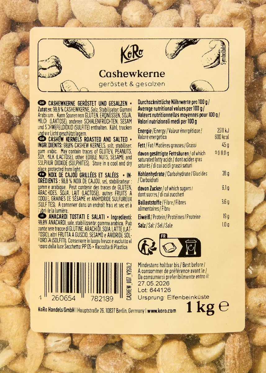 KoRo - Anacardi tostati e salati - 1 kg - croccanti - saporiti e aromatici - come topping o come snack