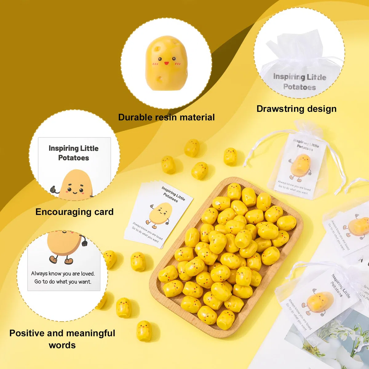XIHIRCD 30pz Patate che Ispirano Positivamente, Mini Patate in Resina Realistiche con Sacchetto di Organza in Cartoncino Divertente Regalo Positivo per Collega Staff Studente Insegnante