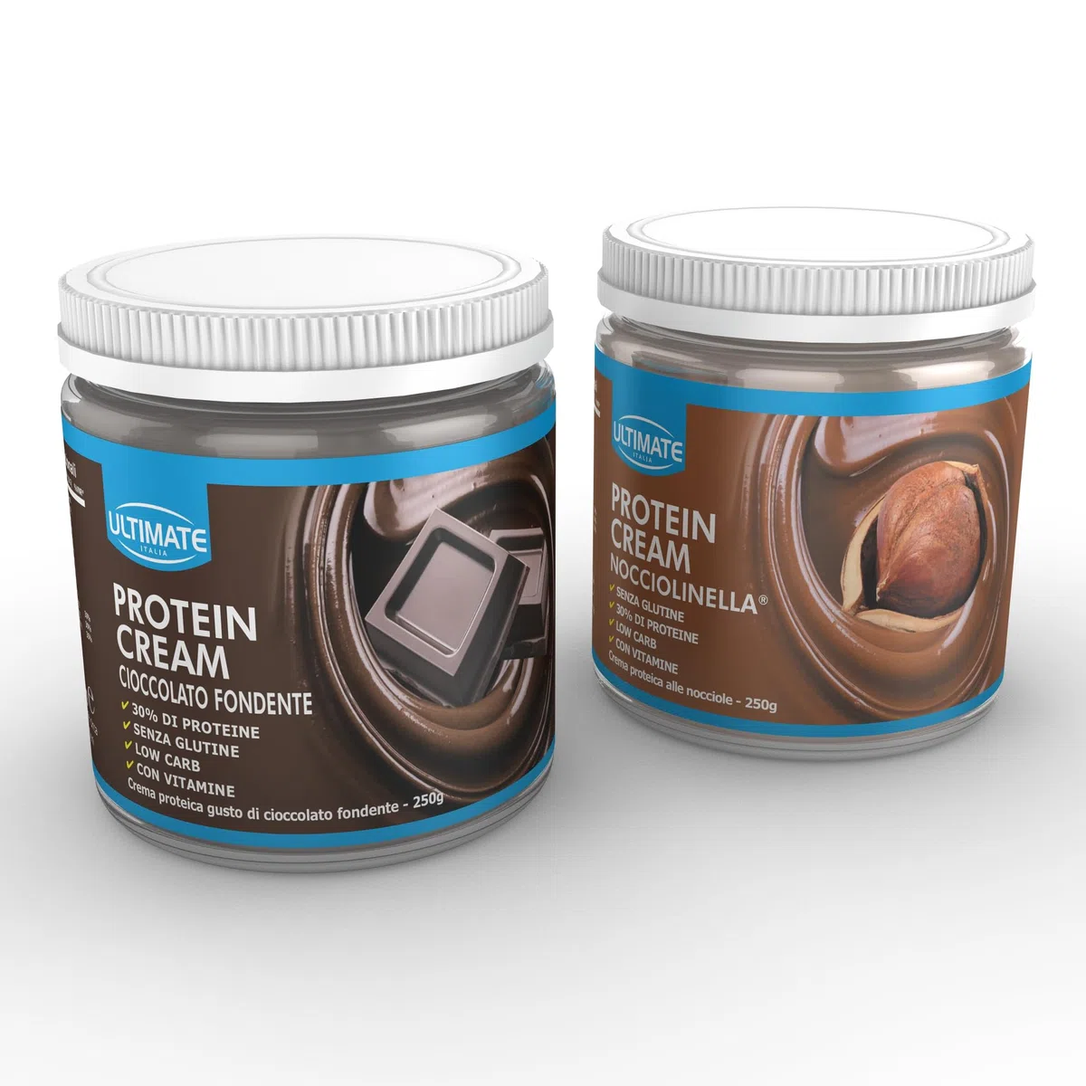 Ultimate Italia - 2 protein cream gusti misti (1 cioccolato fondente + 1 nocciolinella) - Senza Glutine - Low Carb - 2x250 g