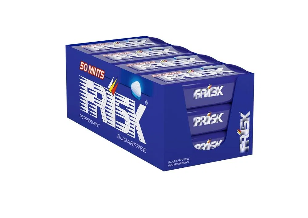 Frisk Peppermint, Caramelle Dure, Gusto Menta, Senza Zucchero, Senza Glutine, Confezione da 12 Astucci in Metallo da 50 Mentine ciascuno, Ottimo da Condividere e per un Momento di Freschezza Immediata