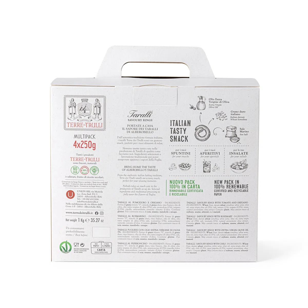 Terre Dei Trulli Taralli Multi Pack - 4 Confezioni Da 250g | Pugliesi Tradizionali Pugliesi, Rosmarino, Pomodoro e Origano, Peperoncino | Taralli Artigianali | Snack Salati Per Un Aperi Snack Genuino