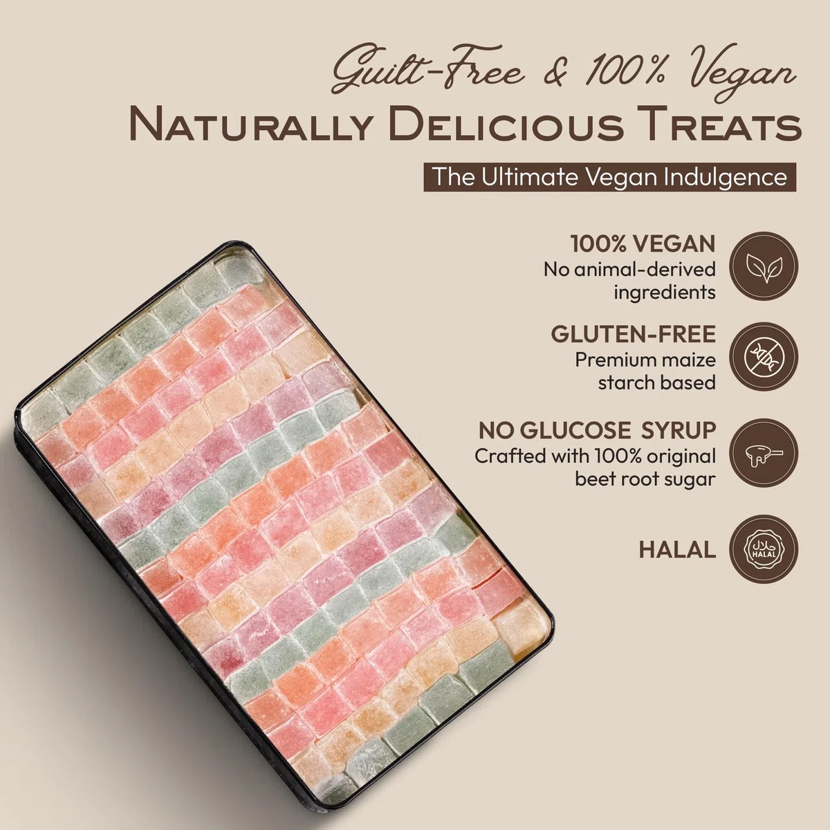 Mughe Gourmet Elegante Scatola di Latta di Caramelle Delizia Turca - 750g - Halal,Vegan Lokum con Gusti di Frutta Rosa, Fragola, Limone, Arancia, Menta - Perfette per Occasioni Speciali, Compleanni