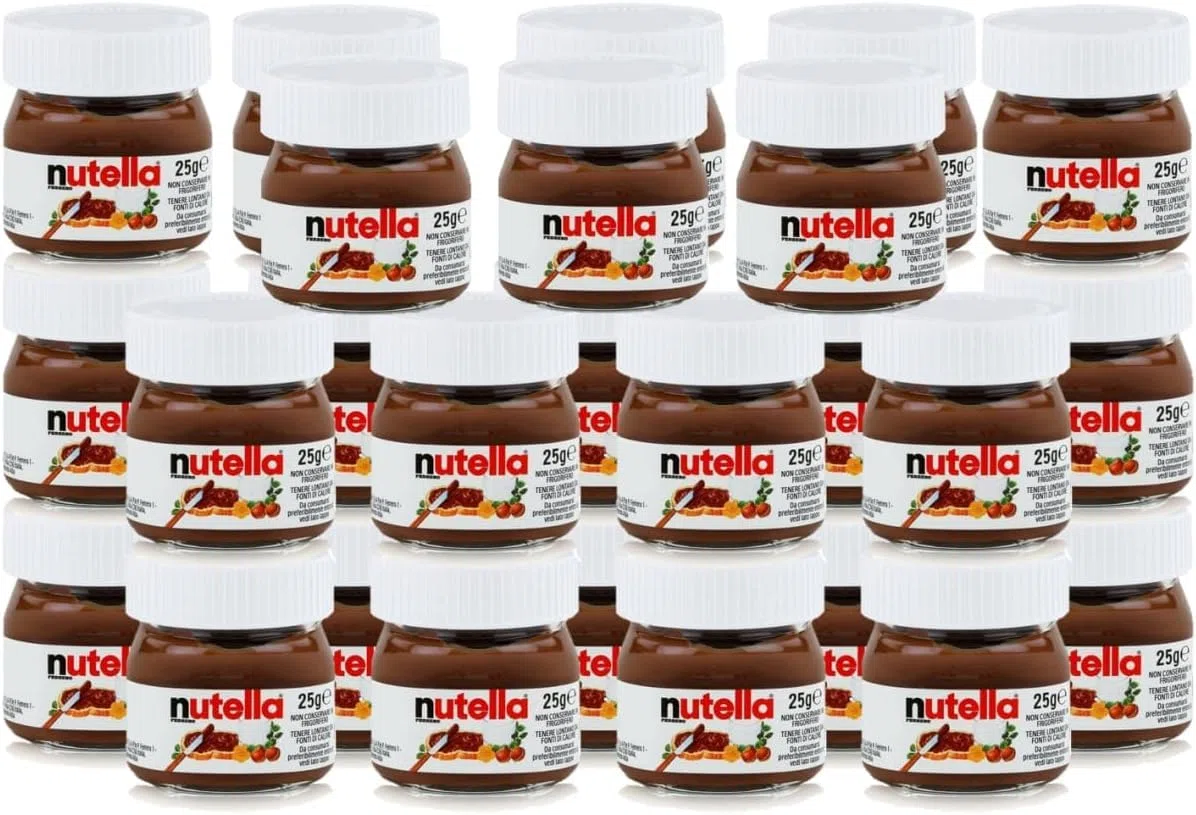 FERRERO - Barattoli di vetro in miniatura, set di 26 unità da 25 g, crema spalmabile alla nocciola e al cioccolato - Pack Promoo