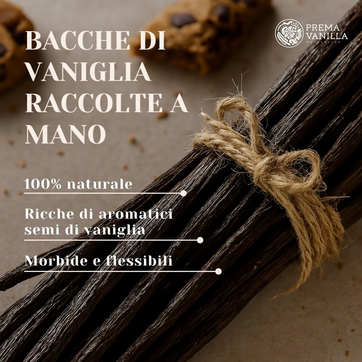 PREMA VANILLA Baccelli di Vaniglia del Madagascar, Vaniglia Bourbon di Grado A per la Preparazione di Estratto di Vaniglia, Ideale per Cucina e Pasticceria, 1 Confezione da 6 Baccelli