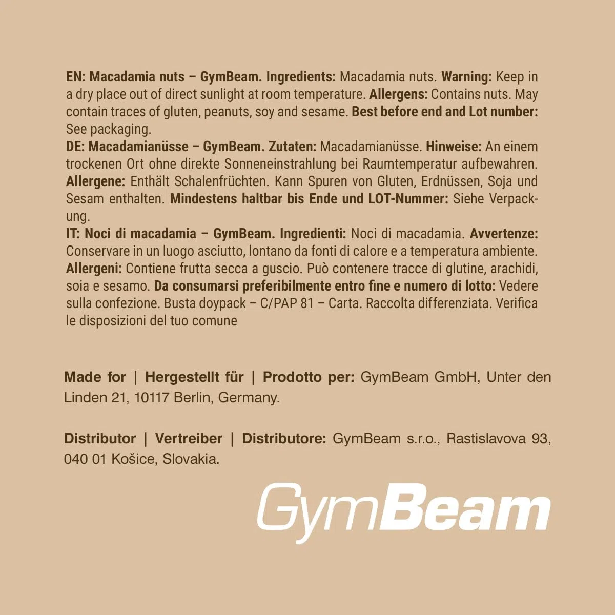 GymBeam Noci di Macadamia Intere 500g, Noci di Macadamia Non Salate dal Sapore Burroso e Croccante, Ricche di Grassi Sani, Prive di Additivi, Ideali per Vegani, Snack Salutare