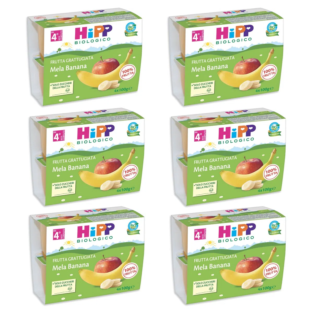 HiPP - Nuovi Mini Dessert, Frutta Grattugiata Bio, Mela e Banana, Confezione da 24 Vasetti da 100 g