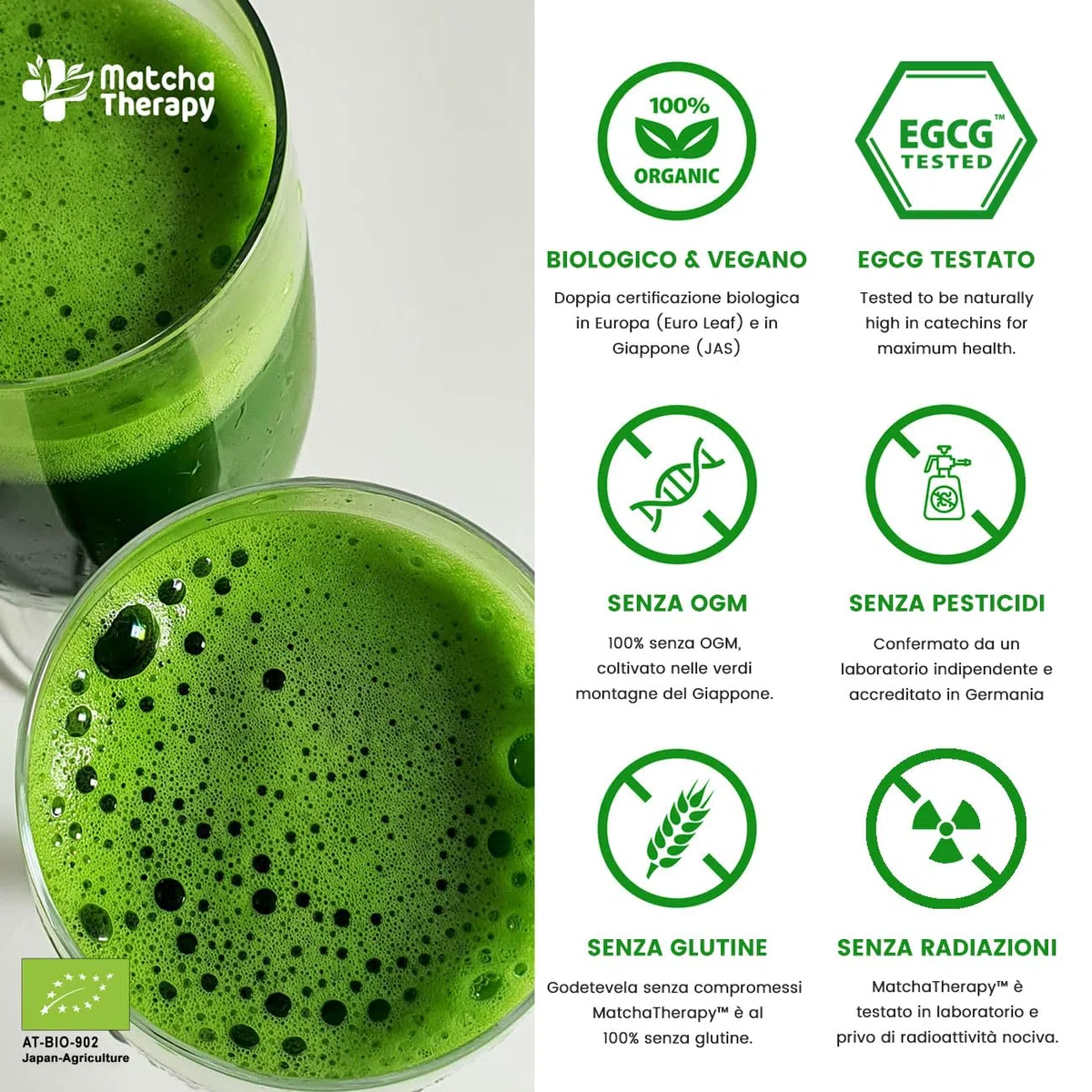 MatchaTherapy 30+ | Tè Matcha 100% Biologico | 60g | Almeno 30 mg/g di contenuto di catechina EGCG testato | Migliora sistema immunitario & livello di energia | Grado Premium | Tè verde dal Giappone