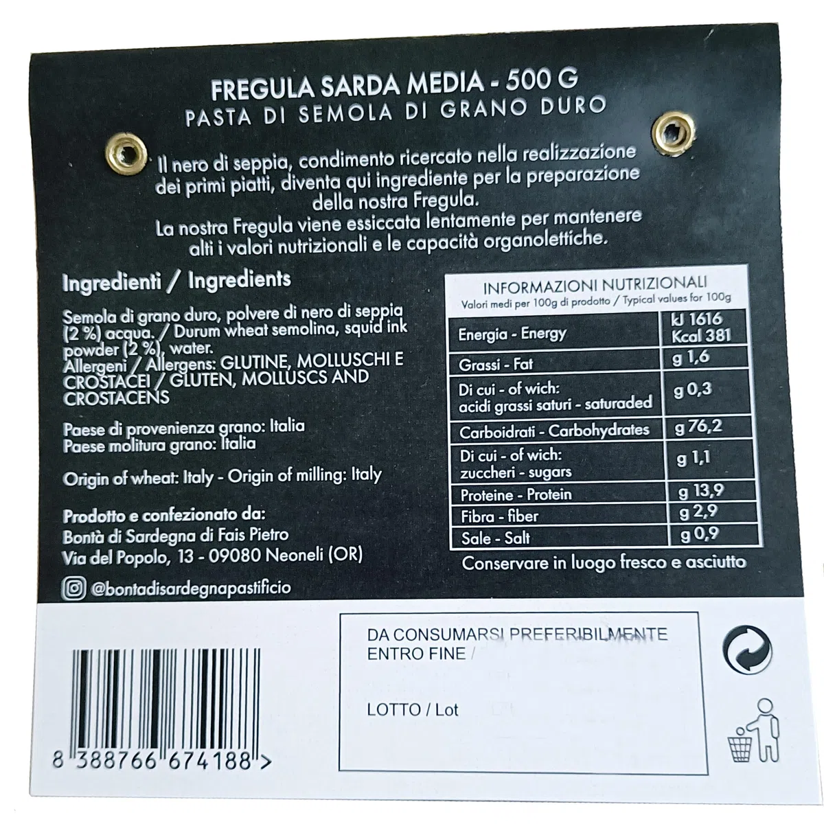 3 Conf. Fregola Sarda di Grano Duro Media - Mauredda Fregola Sarda al Nero di Seppia 500 gr. Pastificio Bontà di Sardegna Neoneli