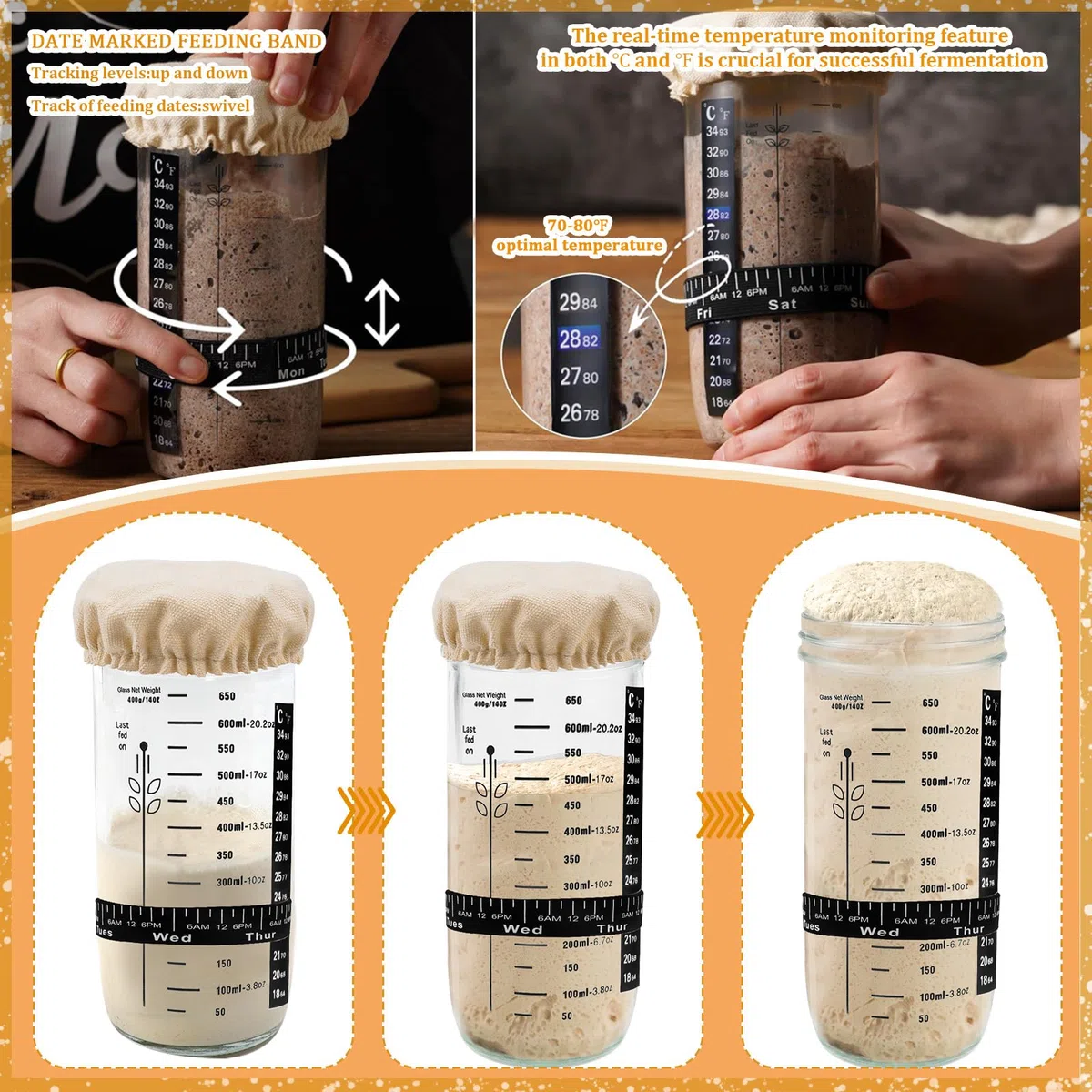 Raxfekro Set di base per lievito naturale, con tappo in alluminio, elastico, carta termometro, spatola in silicone, cappello di stoffa, etichetta per la cottura del pane lievitato naturale