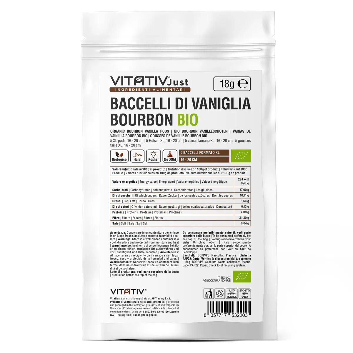 Baccelli di Vaniglia Bourbon BIO 5 pezzi XL 16-20 cm del Madagascar da Agricoltura Biologica - Prima Qualità - VITATIV - 18gr