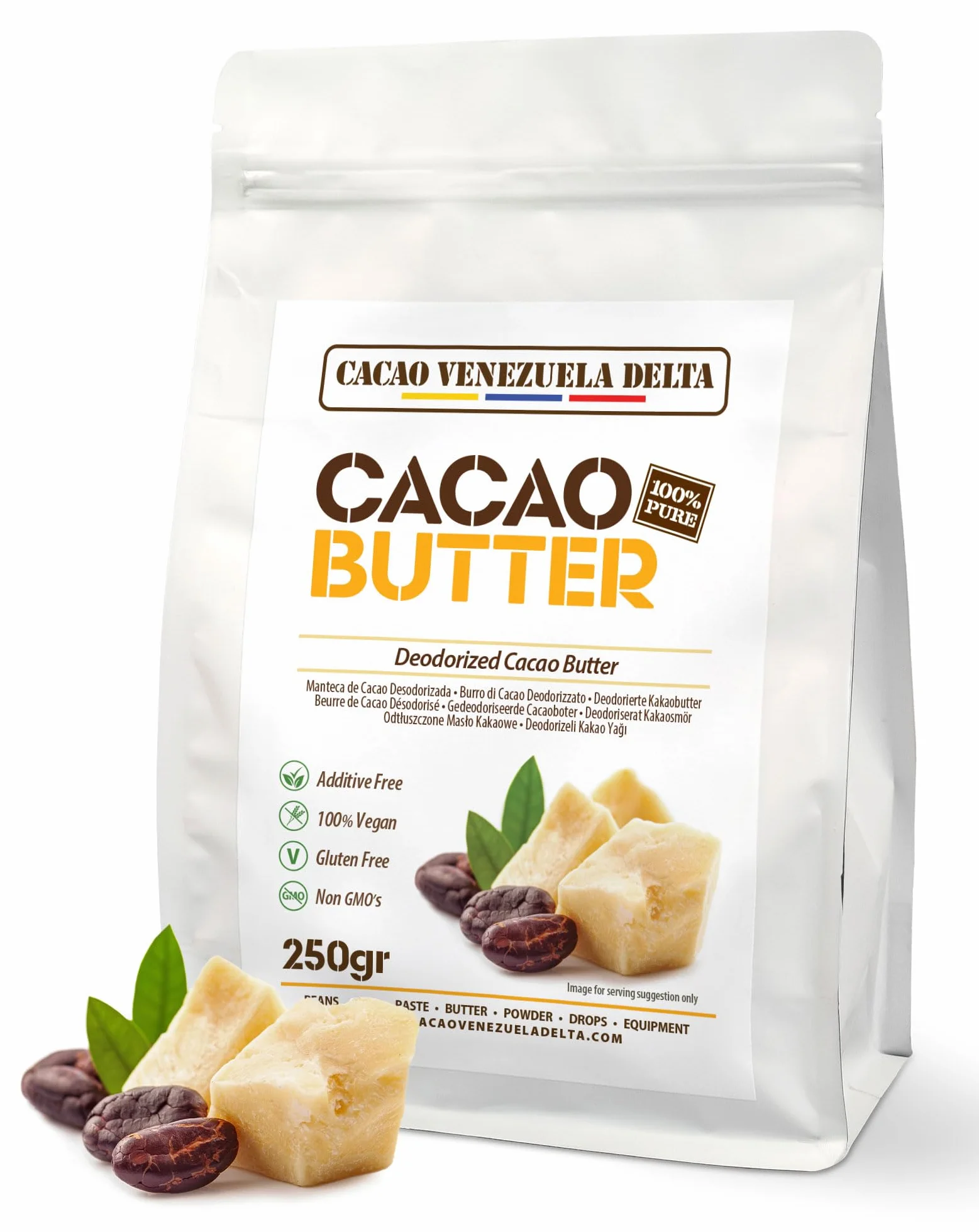 Cacao V Delta Burro Di Cacao Deodorato Alimentare e per Cosmesi 250g - Puro, Non Raffinato - Cheto, Paleo, Vegano, Senza Glutine - Per Dolci e Cioccolato - Antiossidanti, Acidi Essenziali