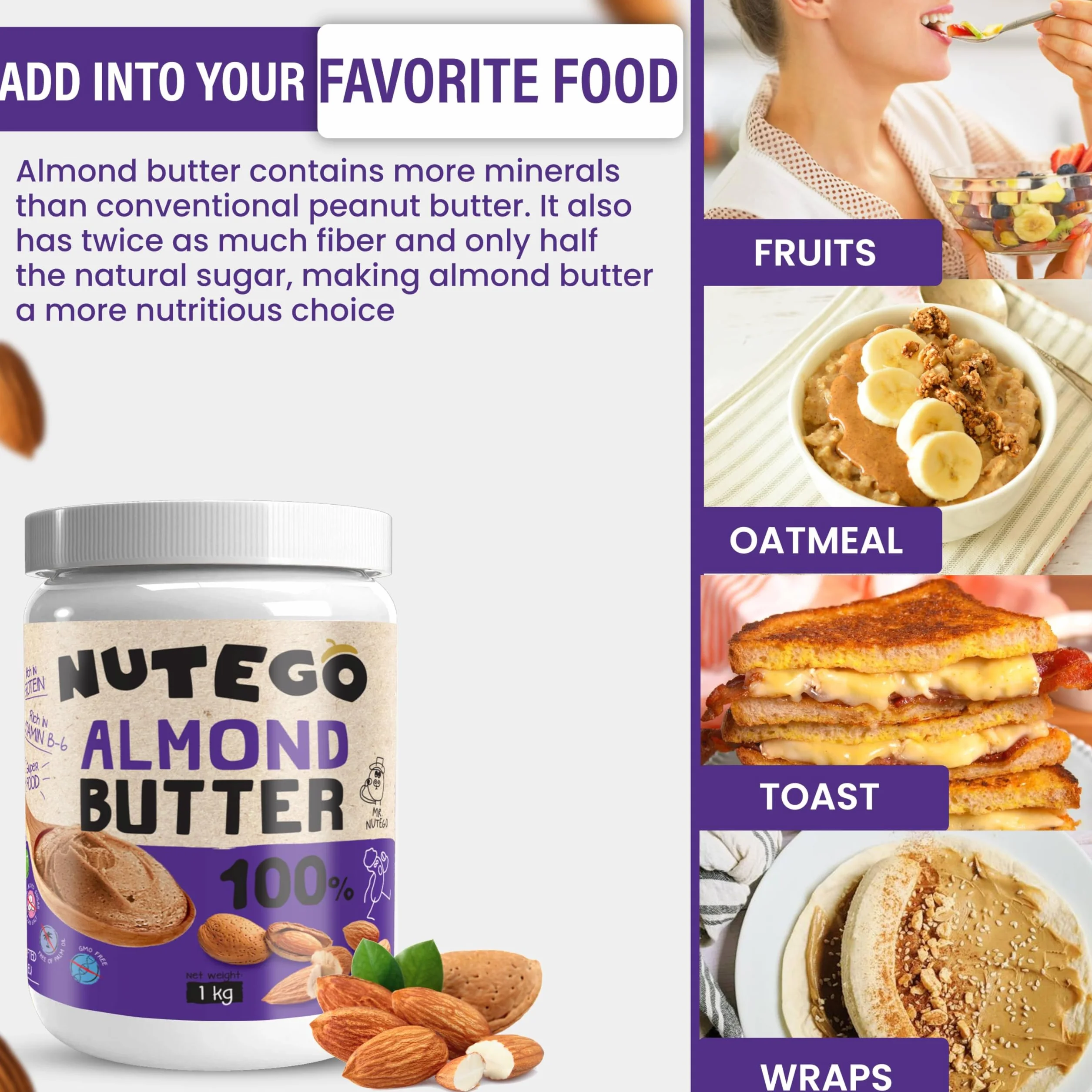 Nutego Burro di Mandorle Cremoso 100% - 1kg Senza Zuccheri - Crema Proteica Spalmabile - Almond Butter Senza Sale, Palmfett e Altri Additivi