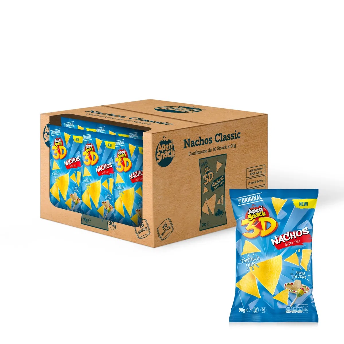 Aperisnack® - AP03.008.13 Box 16 pz - Nachos Taco Classic Linea 3D Retail Box 16pz busta 90g Formato Maxi, gusto maxi, snack per aperitivo fai da te, bar e tabacchi