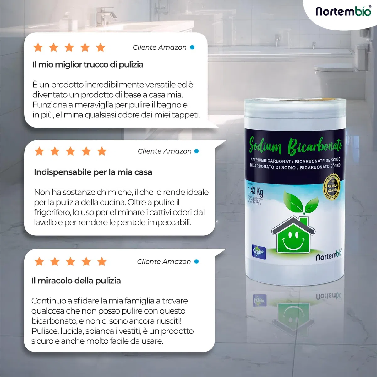 Nortembio Bicarbonato di Sodio 5 Kg 100% Naturale per Pulizia Multiuso. Senza Alluminio. Elimina Odori e Sporco. Cucina, Bagno, Tessuti. E-Book Incluso