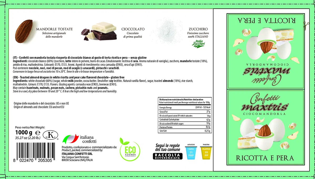 Confetti Maxtris, Confetti Italiani Di MANDORLA, Ricotta E Pera