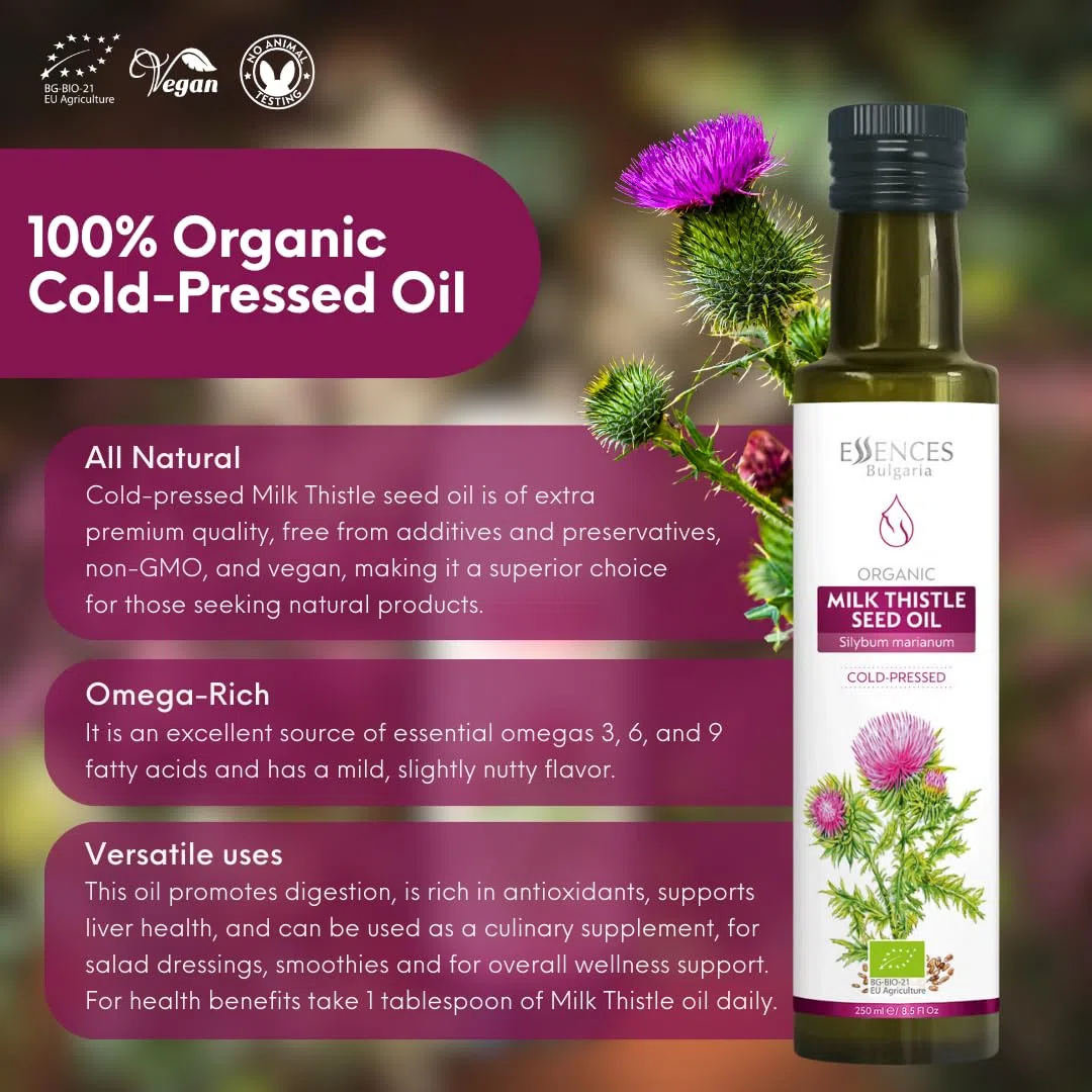 Essences Bulgaria Olio di Cardo Mariano Biologico 250ml | Olio spremuto a freddo 100% naturale | Qualità extra premium | Senza additivi o conservanti | Non OGM | Vegano