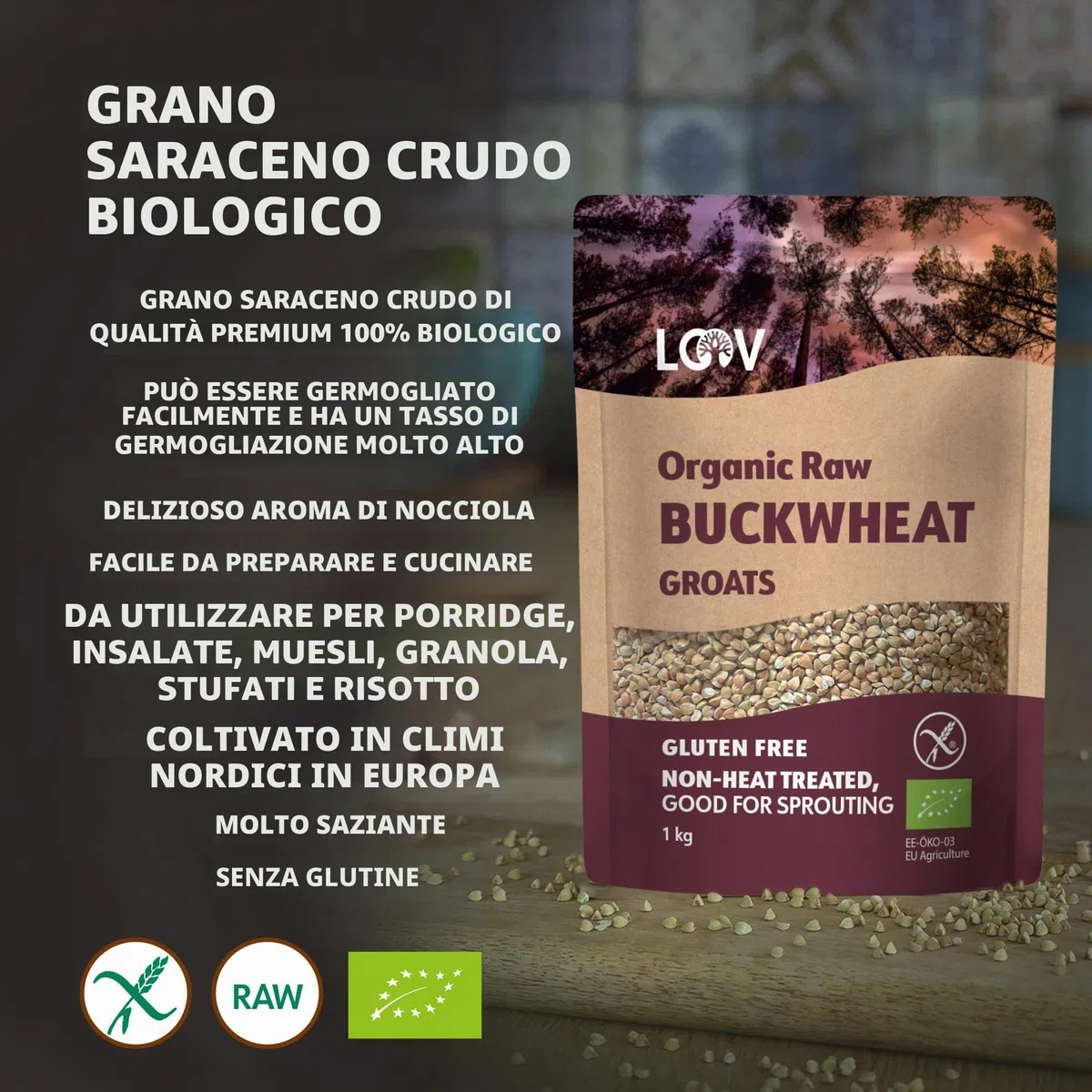 Semola di Grano Saraceno Crudo, Biologico e Senza Glutine, 1 kg, non Trattato Termicamente, Tutti i Nutrienti Sono Preservati, Sapore di Nocciola, Coltivazione Biologica in Clima Nordico, Non-OGM