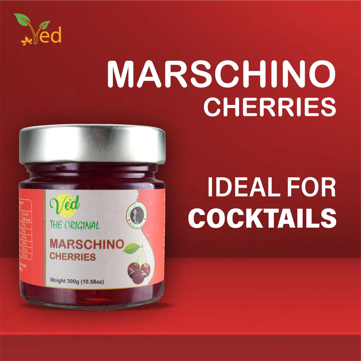 Ved Gourmet Originale Ciliegie Rosse al Maraschino - Ciliegia Italiana per Cocktail Old Fashioned - Cocktail Vegano, Ciliegie Bourbon in Sciroppo Naturale per Topping Cocktail (Pack of Two)