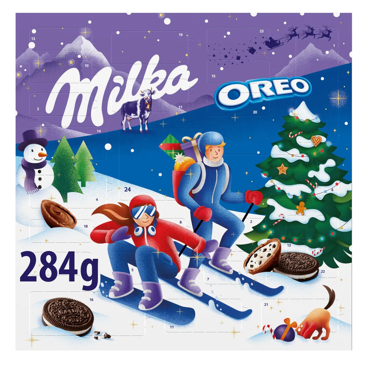 Milka & OREO Calendario dell'Avvento 1 calendario dell'Avvento da 284 g, con cioccolato e biscotti OREO, calendario dell'Avvento con calendario dell'Avvento al cioccolato, con caramelle al latte