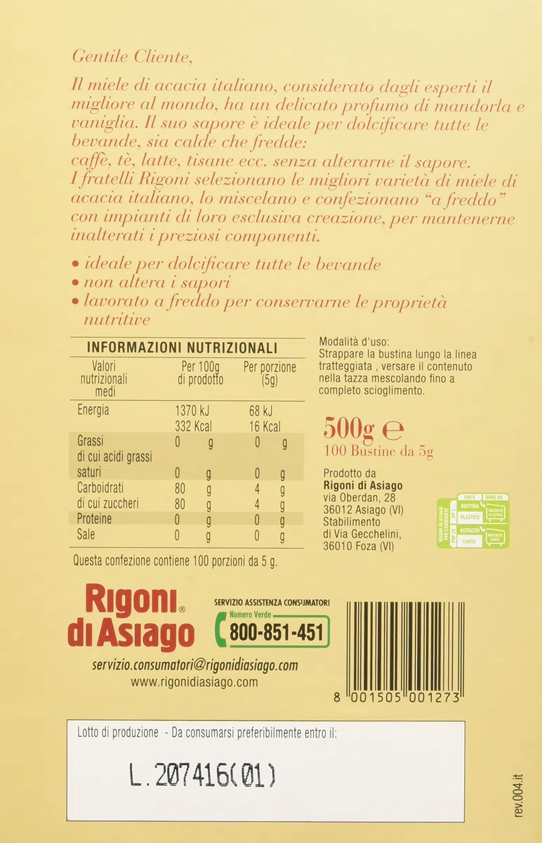 Miele Acacia Rigoni Dispenser Bustine 5 gr., Confezione da 100 bustine