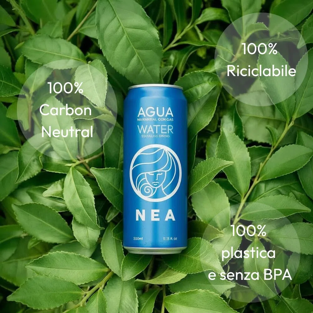 NEA Acqua Frizzante in Lattina di Alluminio Riciclabile - Acqua Minerale Effervescente di Sorgente Alpina - Pack 24 Lattine 33cl - Senza Plastica BPA Free - Bollicine Fini
