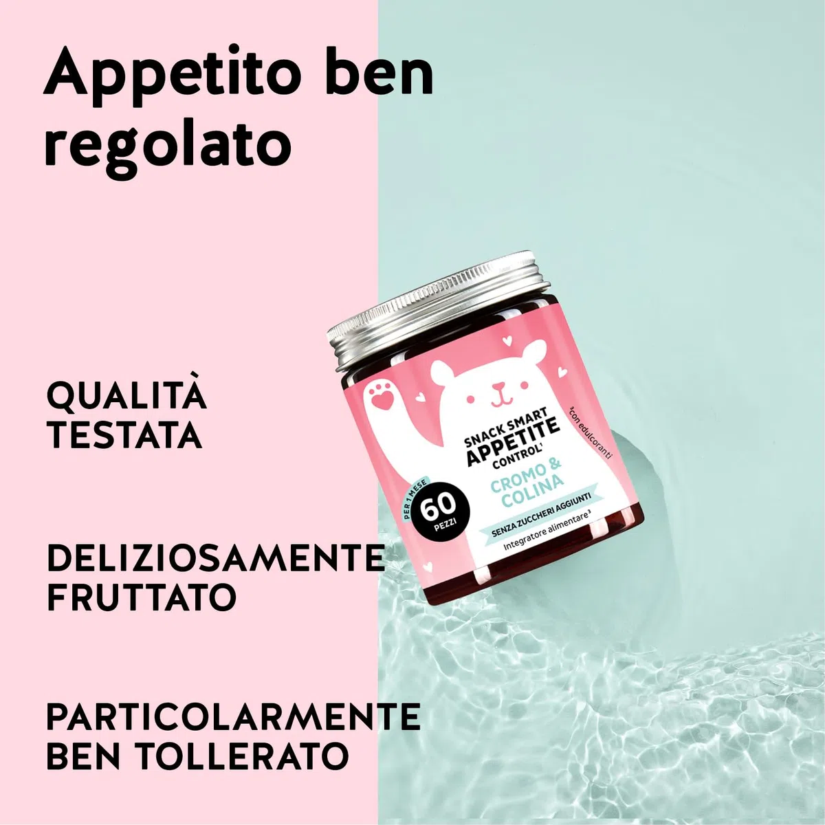 Snack Smart - Caramelle Gommose Controllo dell'Appetito - Multivitaminico, Con Cromo Picolinato e Colina - Senza Zuccheri Aggiunti, Vegano - 60 pezzi (1mese) - Bears with Benefits
