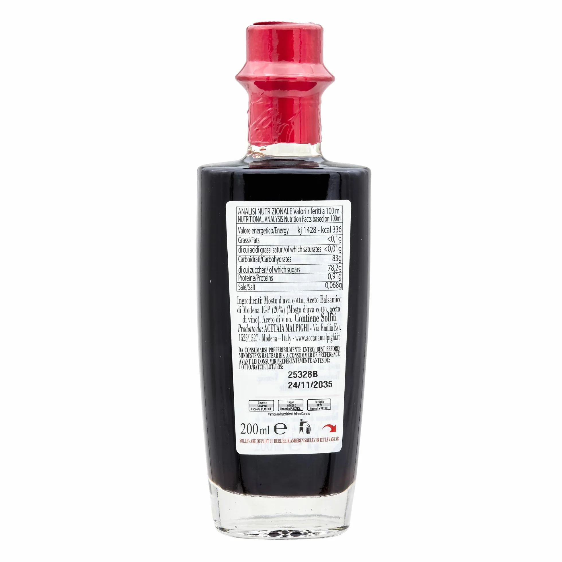 Acetaia Malpighi – Condimento all’Aceto Balsamico di Modena IGP Saporoso – 200 ml – Affinato 6 Anni in Botti di Rovere – Senza Caramello