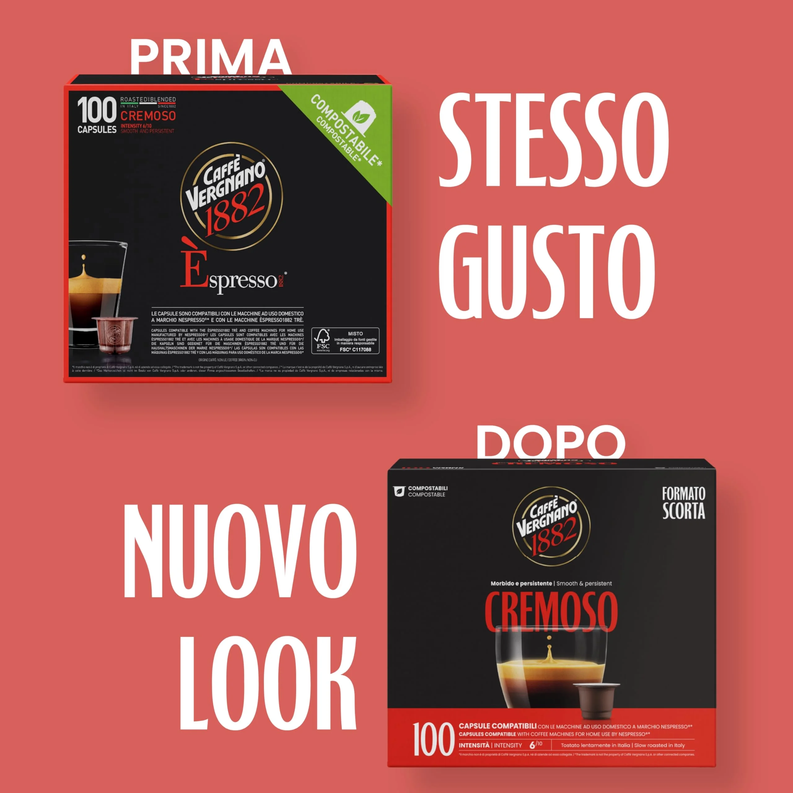 Caffè Vergnano 1882 - 100 Capsule - Caffè Compostabili e Compatibili con Nespresso, Cremoso - Pack da 100 capsule