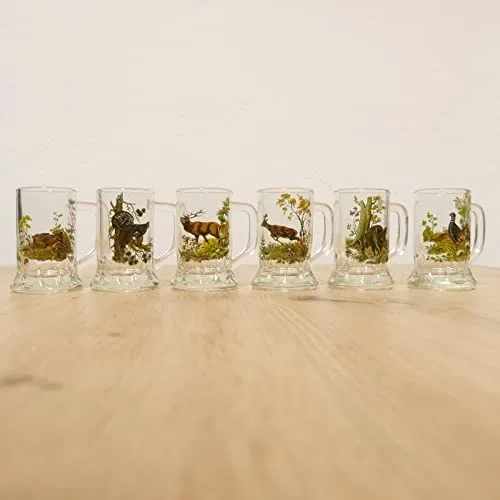 6 teiliges Schnaps Krügle Krügerl Gläser Set mit farbigen Jagdmotiv - 2 cl -