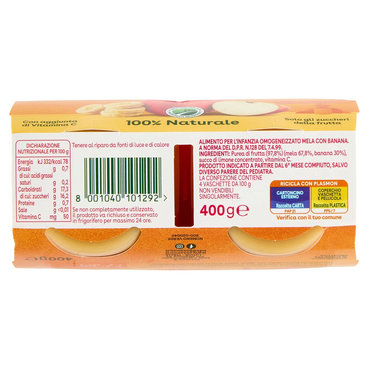 Plasmon Omogeneizzato La Frutta dei Bambini Mela e Banana - 24 Vaschette da 100gr