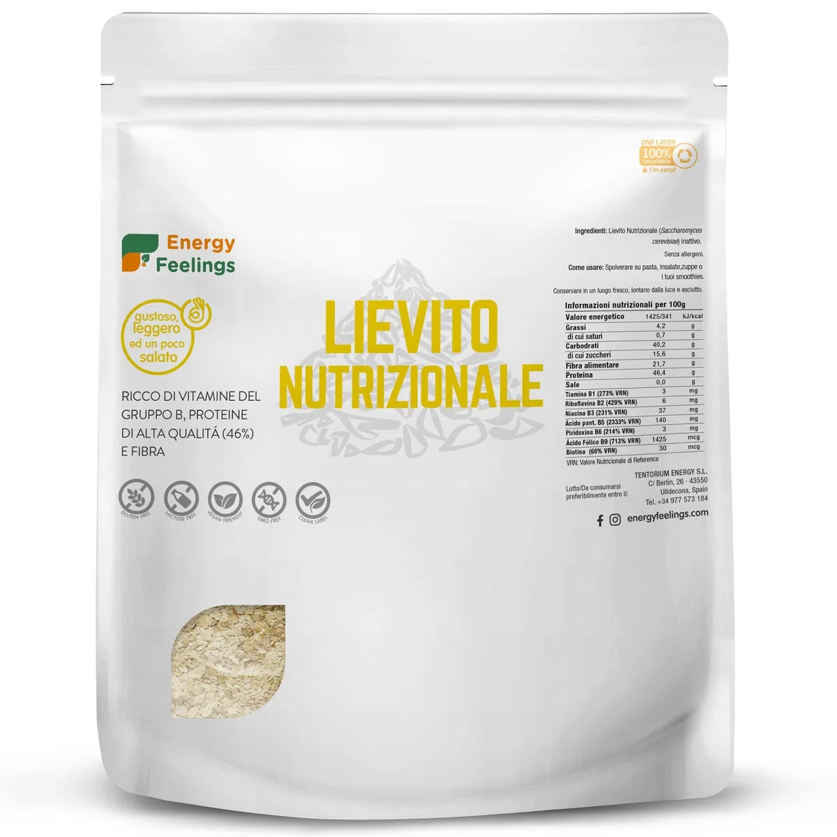 Energy Feelings Lievito Nutrizionale in Scaglie 1 kg. Lievito Alimentare Naturale Inattivo, Integratore Ricco di Vitamine B e Proteine 46%, in Fiocchi Senza Glutine e Vegano