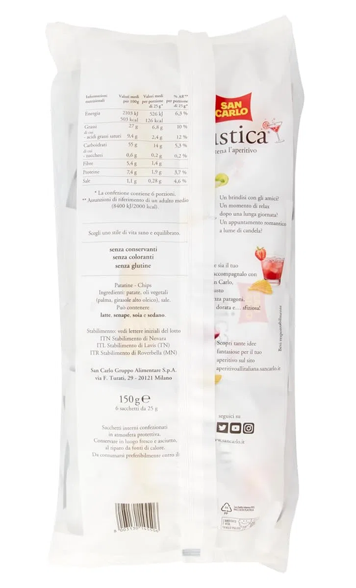 4X San Carlo Rustica Patatine Formato Multipack con all'interno 6 Buste da 25g, Senza Glutine (Gluten Free) 150g