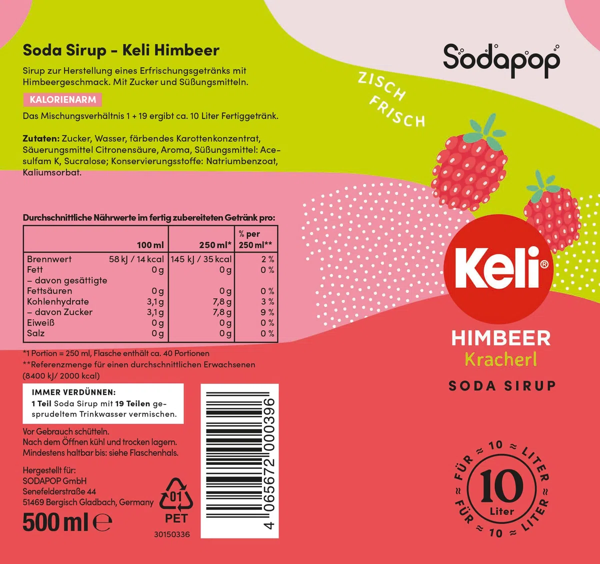 Sodapop Sciroppo Keli lampone, 500 ml, per fino a 10 litri di bevanda pronta, a basso contenuto calorico, fruttato