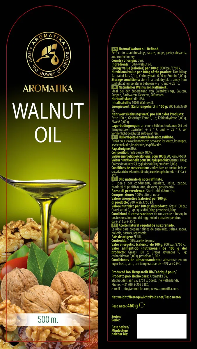 Olio di Noci Alimentare 500ml - Vegano Puro Vergine Crudo Spremuto a Freddo - Noci per Cucinare - Insalata e Condimenti - Usare a Crudo