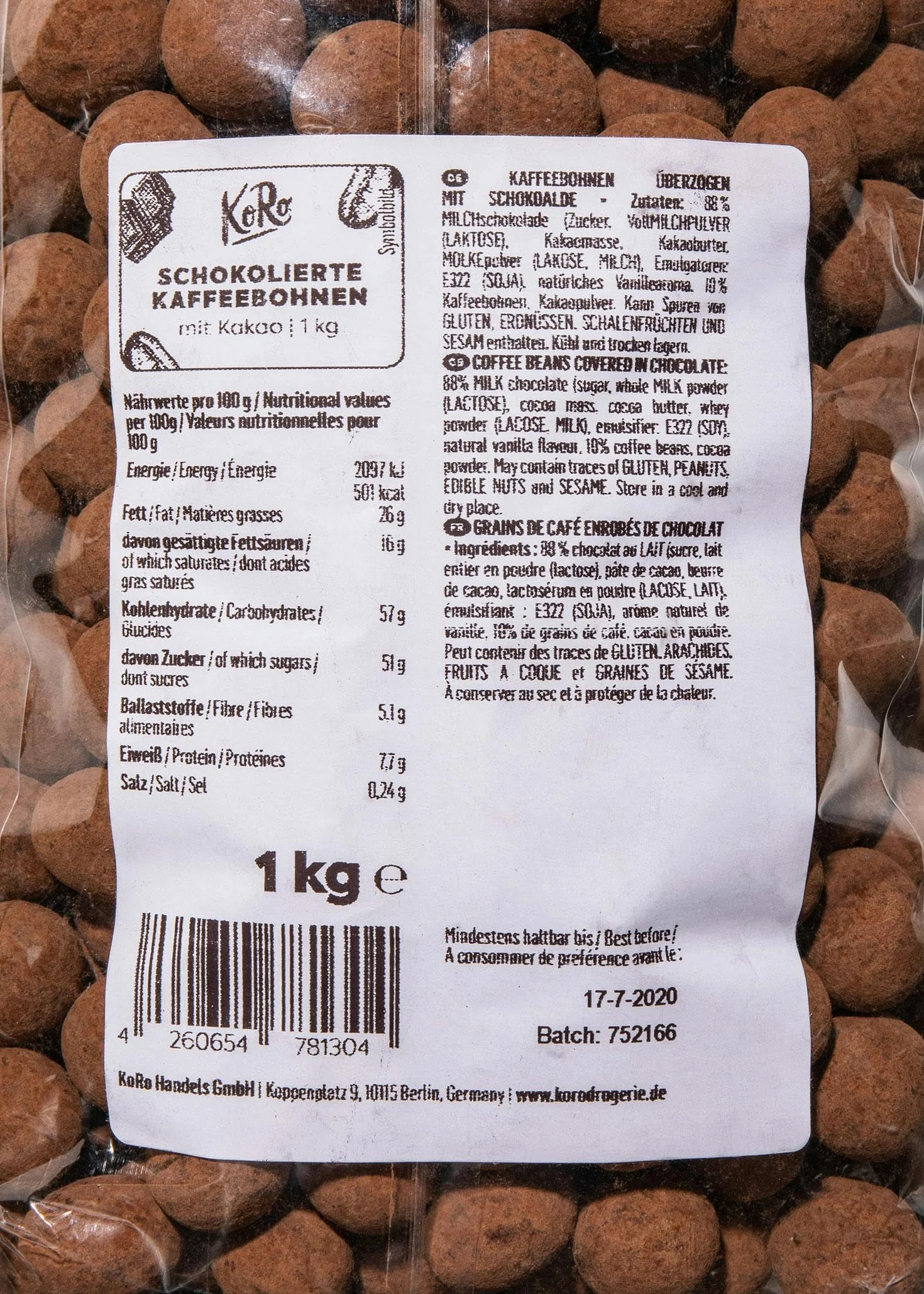 KoRo - Chicchi di caffè al cioccolato 1 kg - Spuntino vegetariano ideale con sapore intenso di caffè e rivestimento di cioccolato