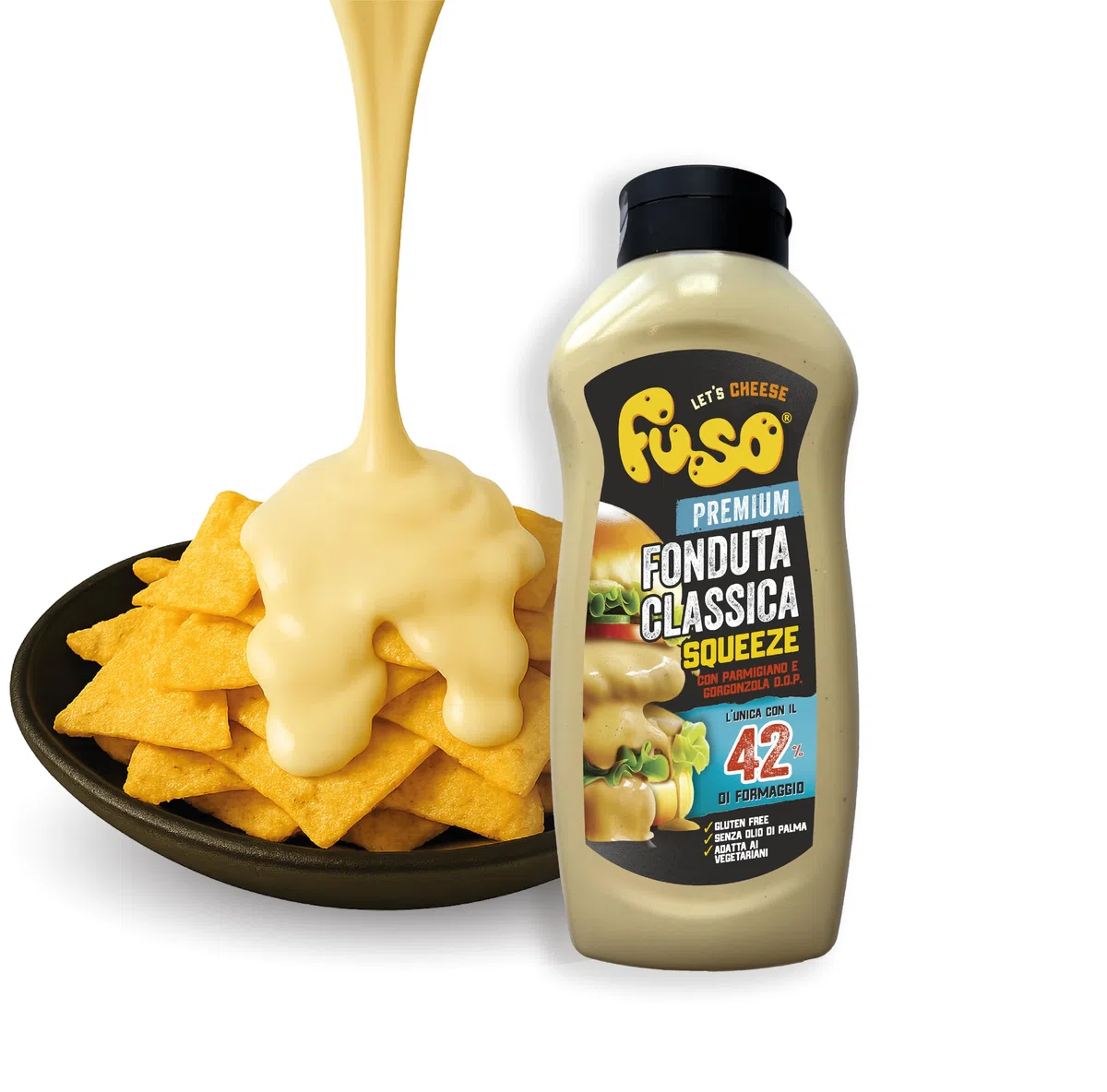 Aperisnack® - AP05.006.15X2 - Kit 2 Bottiglie di Formaggio FUSO Squeeze, da 950g, Fonduta Classica, Pronto all'uso con Parmigiano Reggiano e Gorgonzola D.O.P.